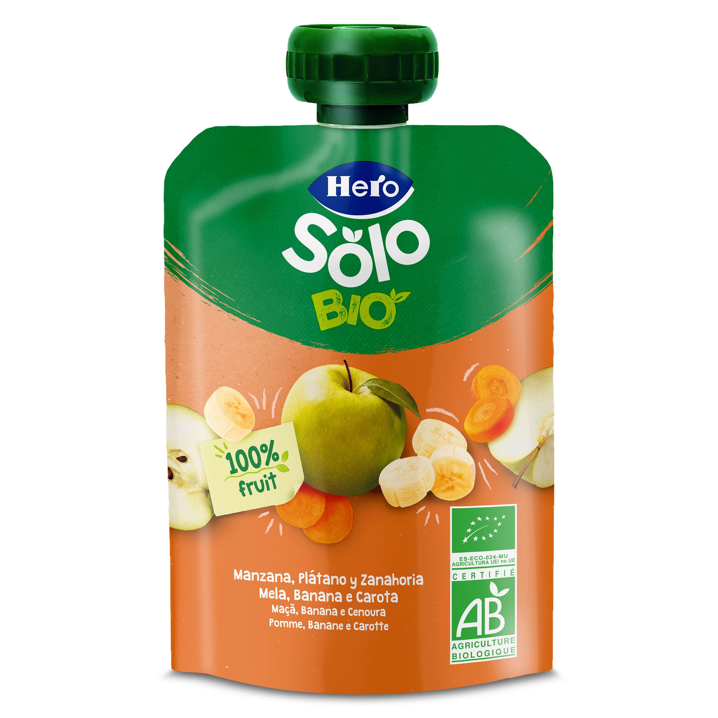 Alimento infantil con puré manzana, plátano y zanahoria 100% ecológica Hero bolsa 100 g