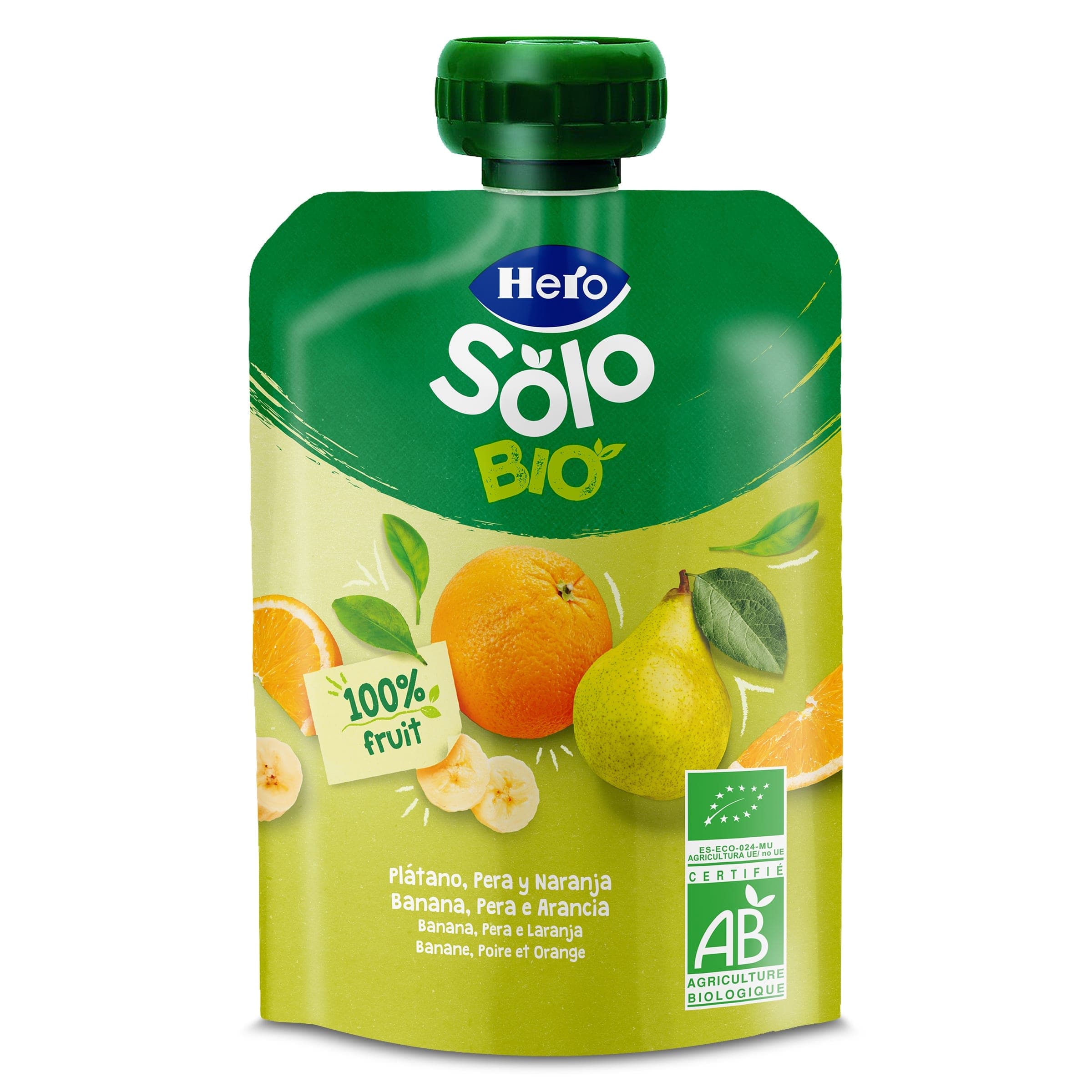 Alimento infantil con puré de pera, plátano y naranja 100% ecológica Hero bolsa 100 g