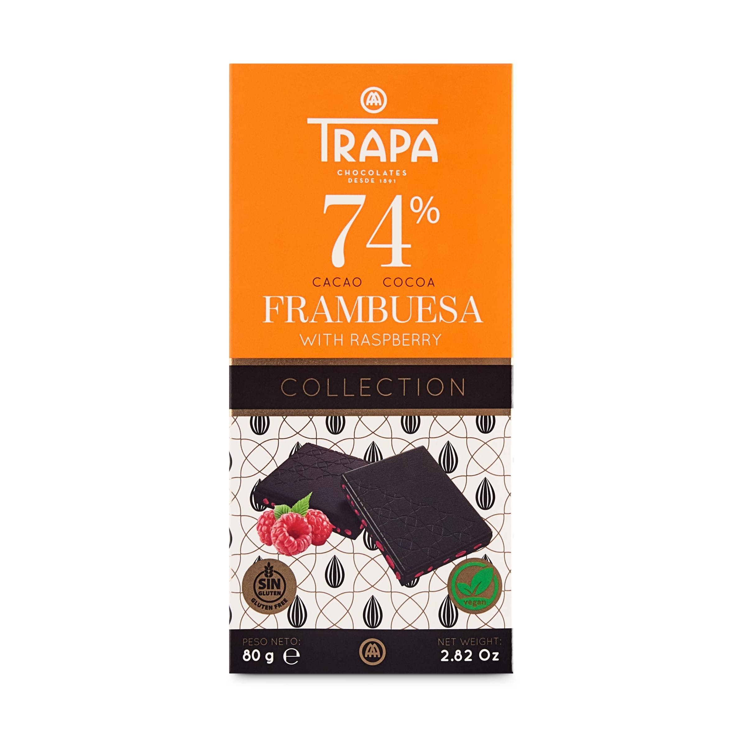 Chocolate 74% cacao con frambuesa Trapa 80 g
