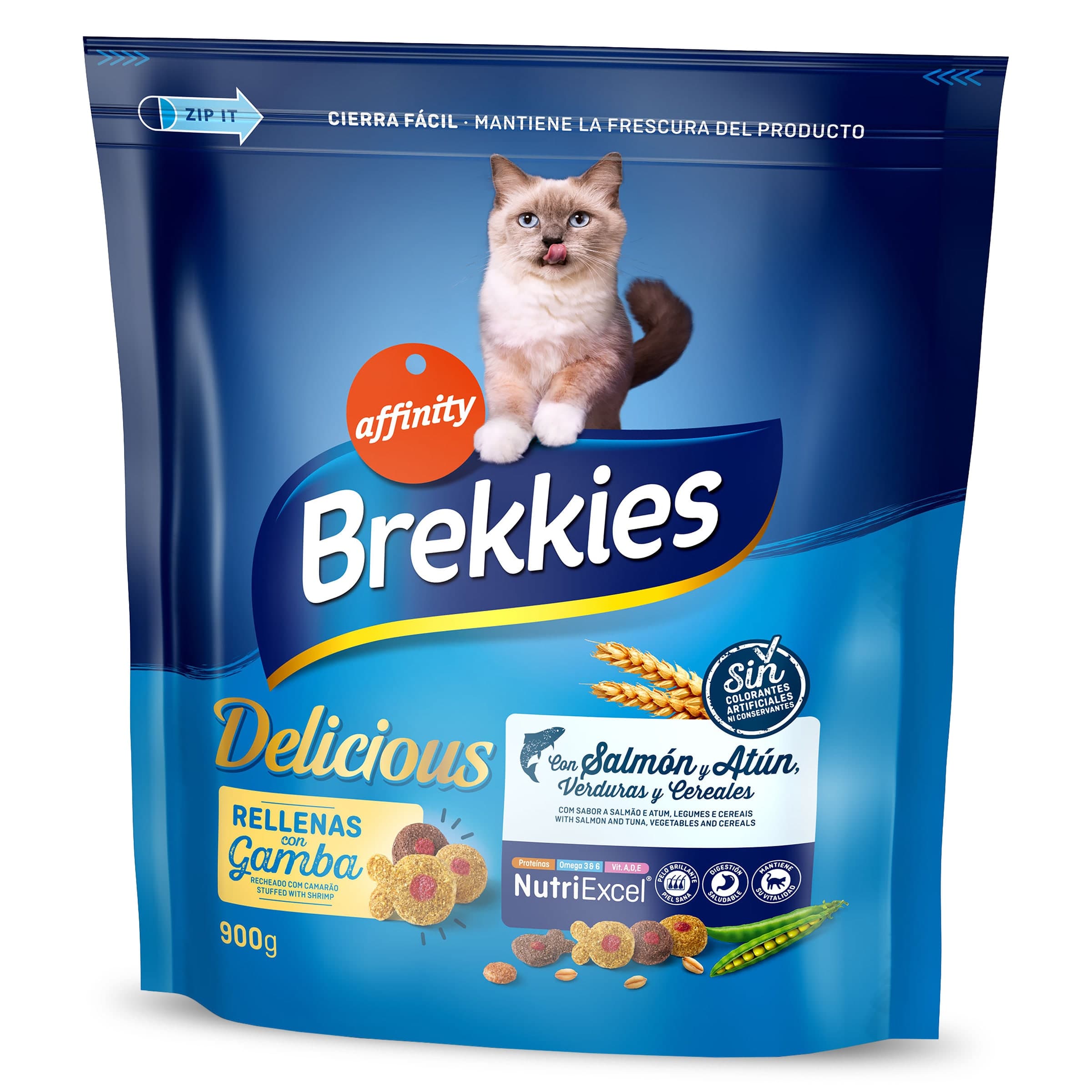 Alimento para gatos con salmón y atún rellenas de gamba Brekkies Delicious bolsa 900 g
