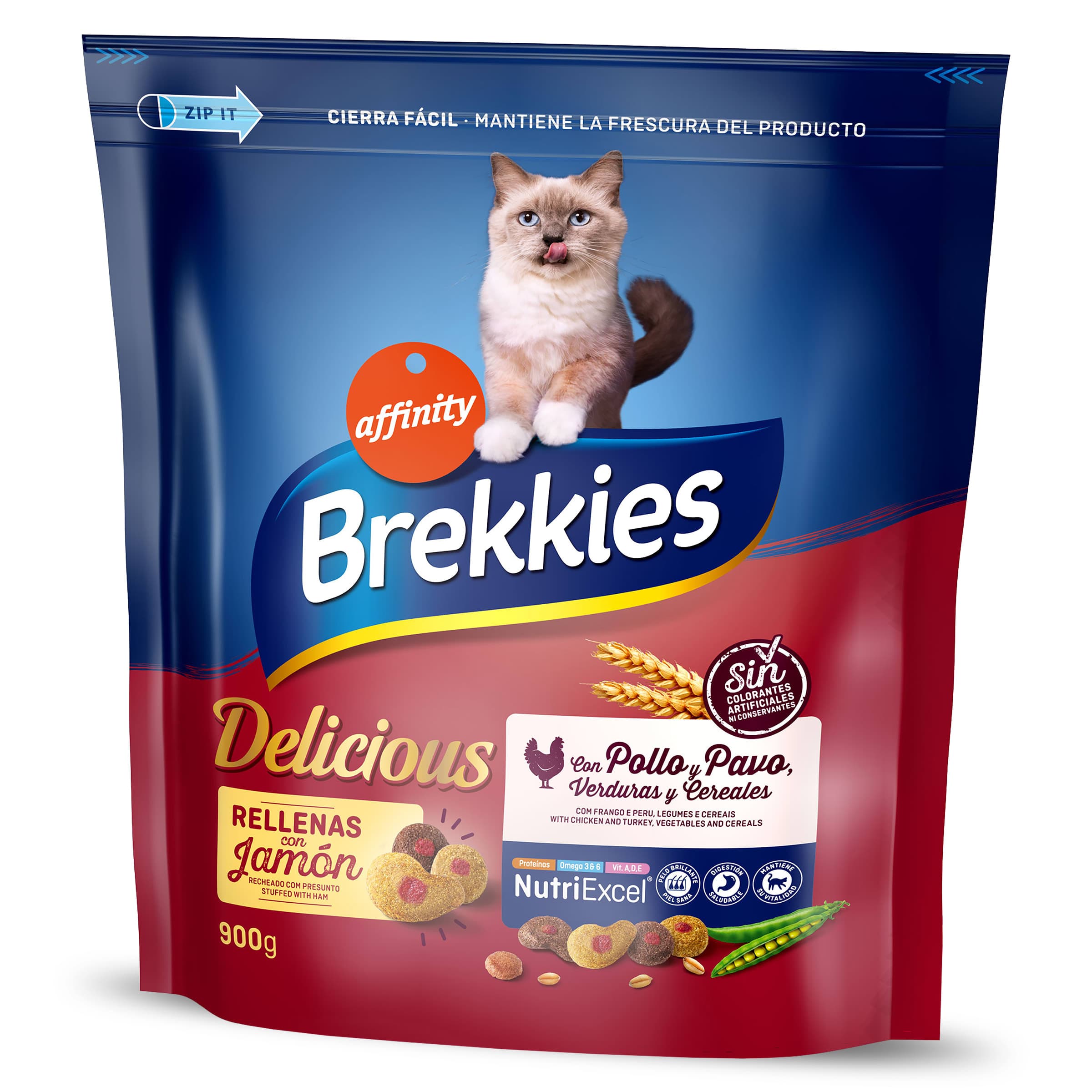 Alimento para gatos con pollo y pavo rellenas de jamón Brekkies Delicious bolsa 900 g