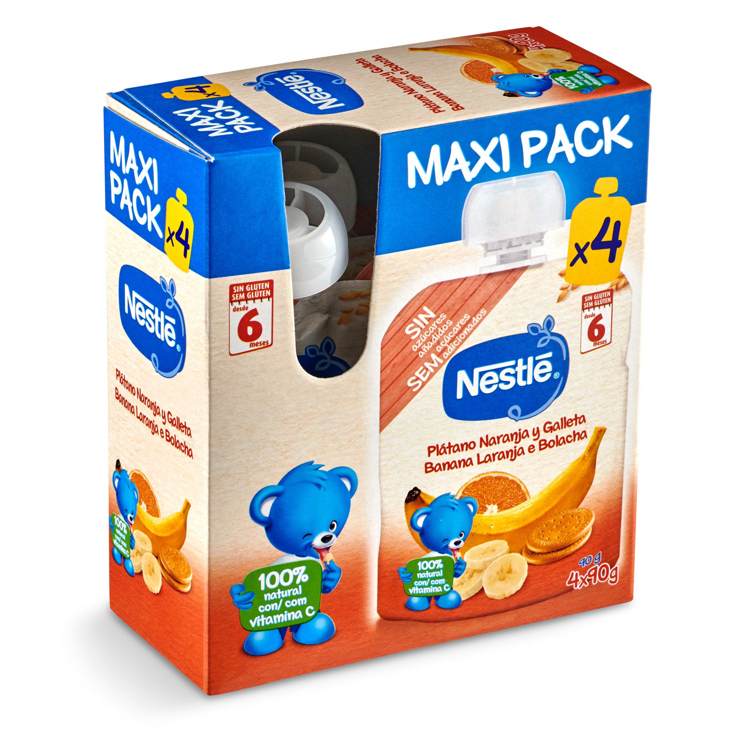 Alimento infantil con puré plátano, naranja y galleta Nestlé pack 4 x 90 g