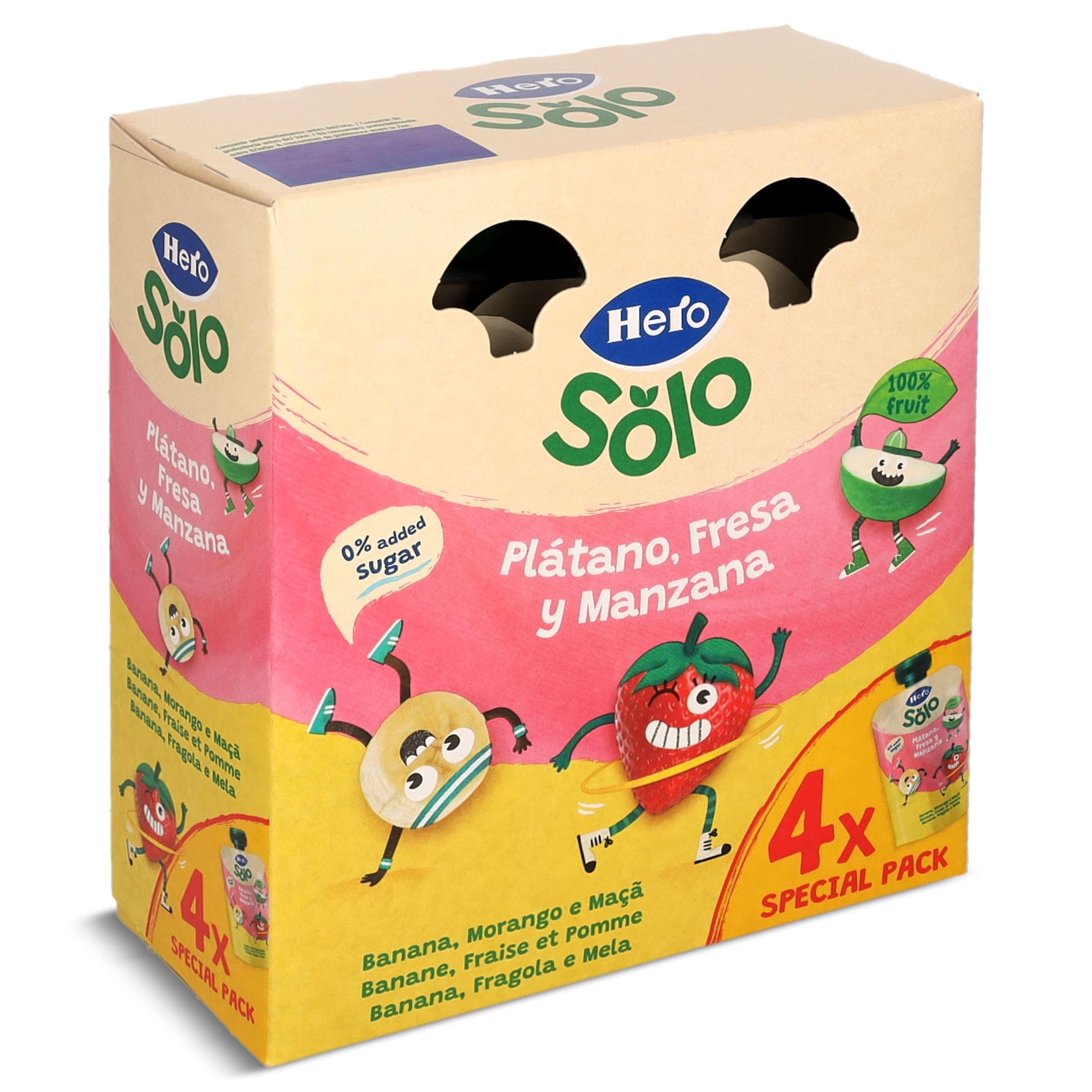 Alimento infantil con puré de plátano, fresa y manzana Hero bolsa 4 x 100 g