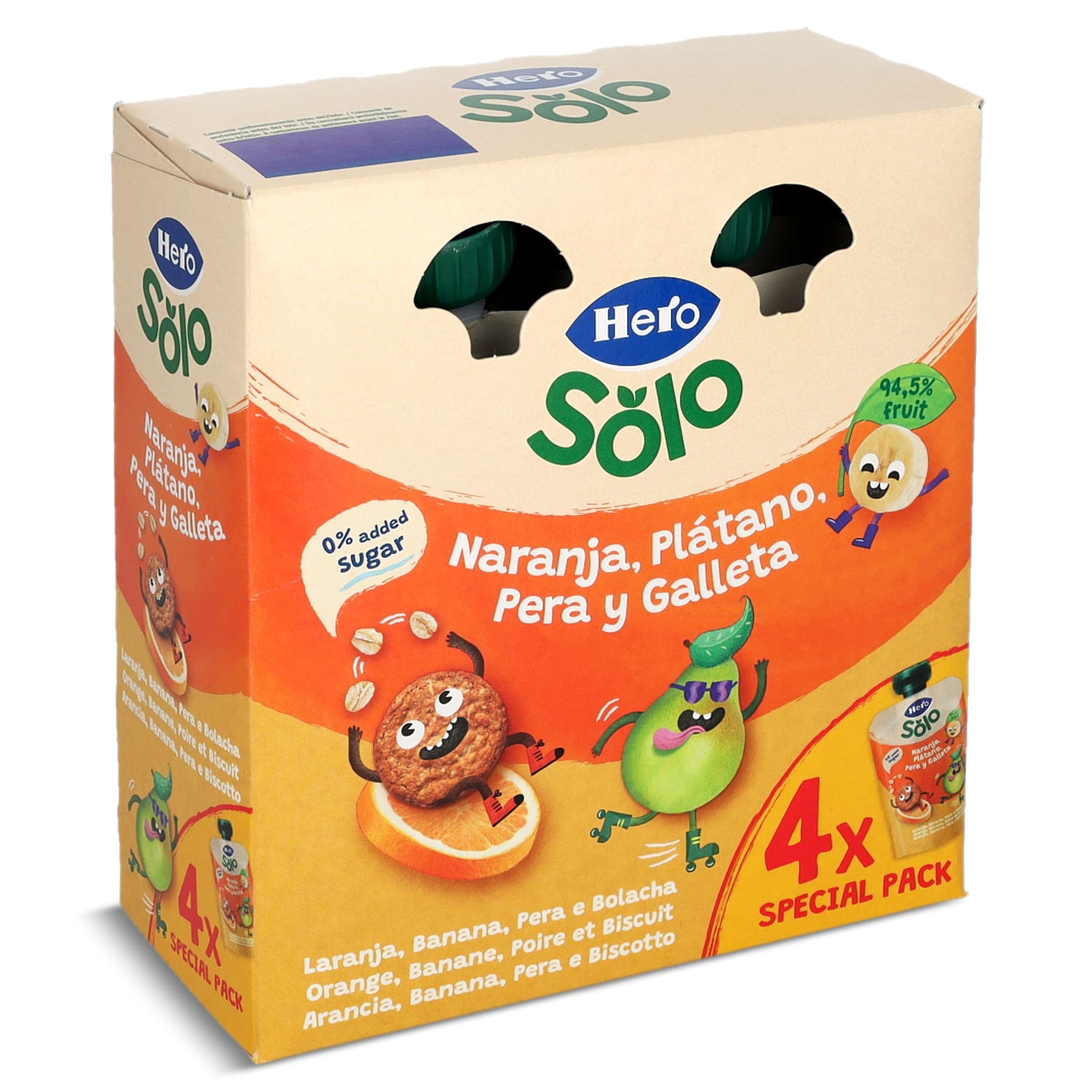 Alimento infantil con puré naranja, plátano, pera y galleta Hero bolsa 4 x 100 g