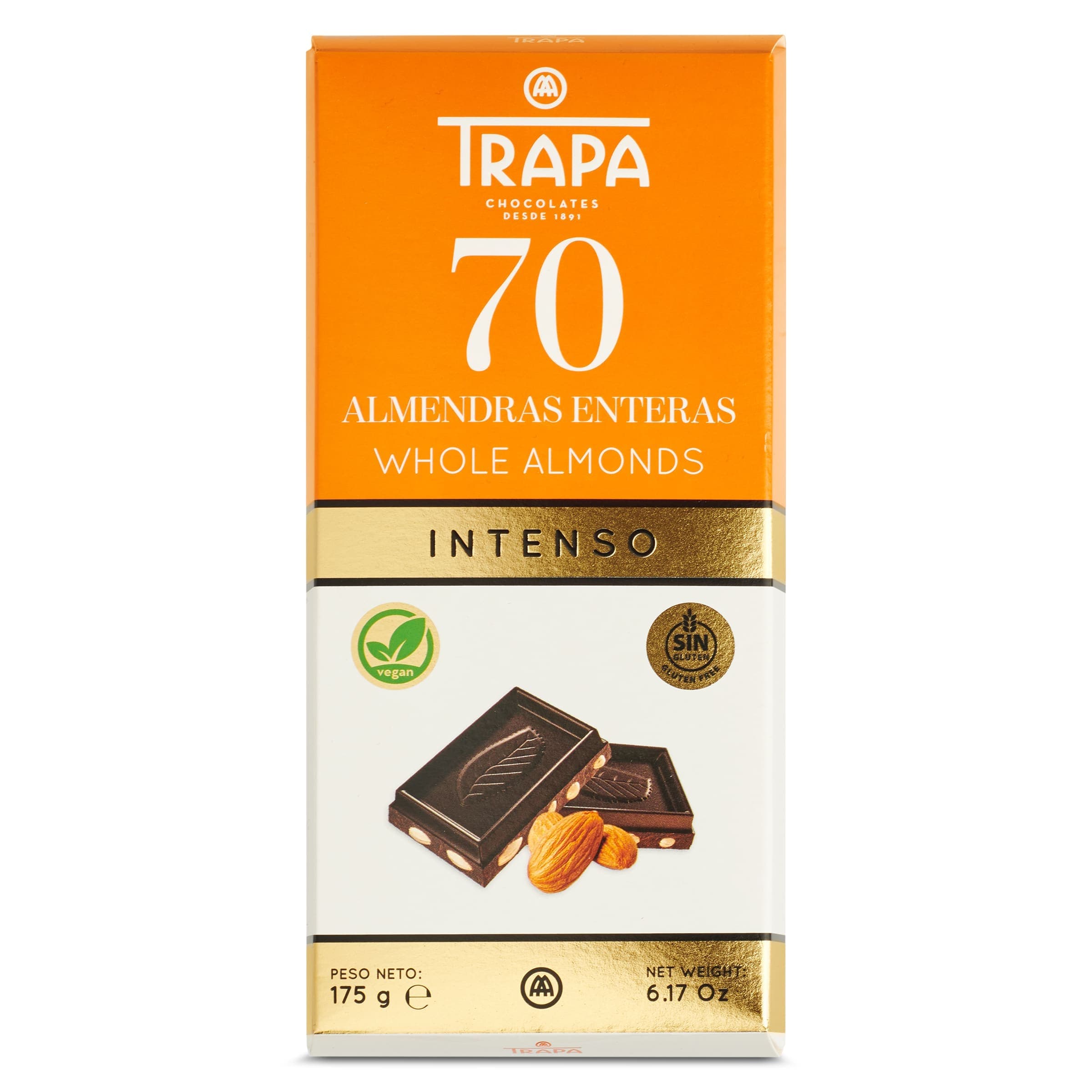 Chocolate negro 70% con almendras Trapa 175 g