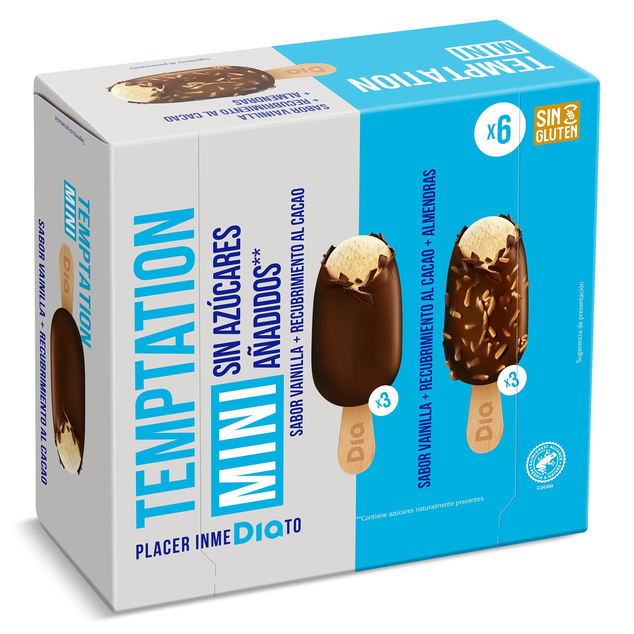Helado mini bombón sin azúcar clásico y almendrado Dia Temptation 6 x 36 g