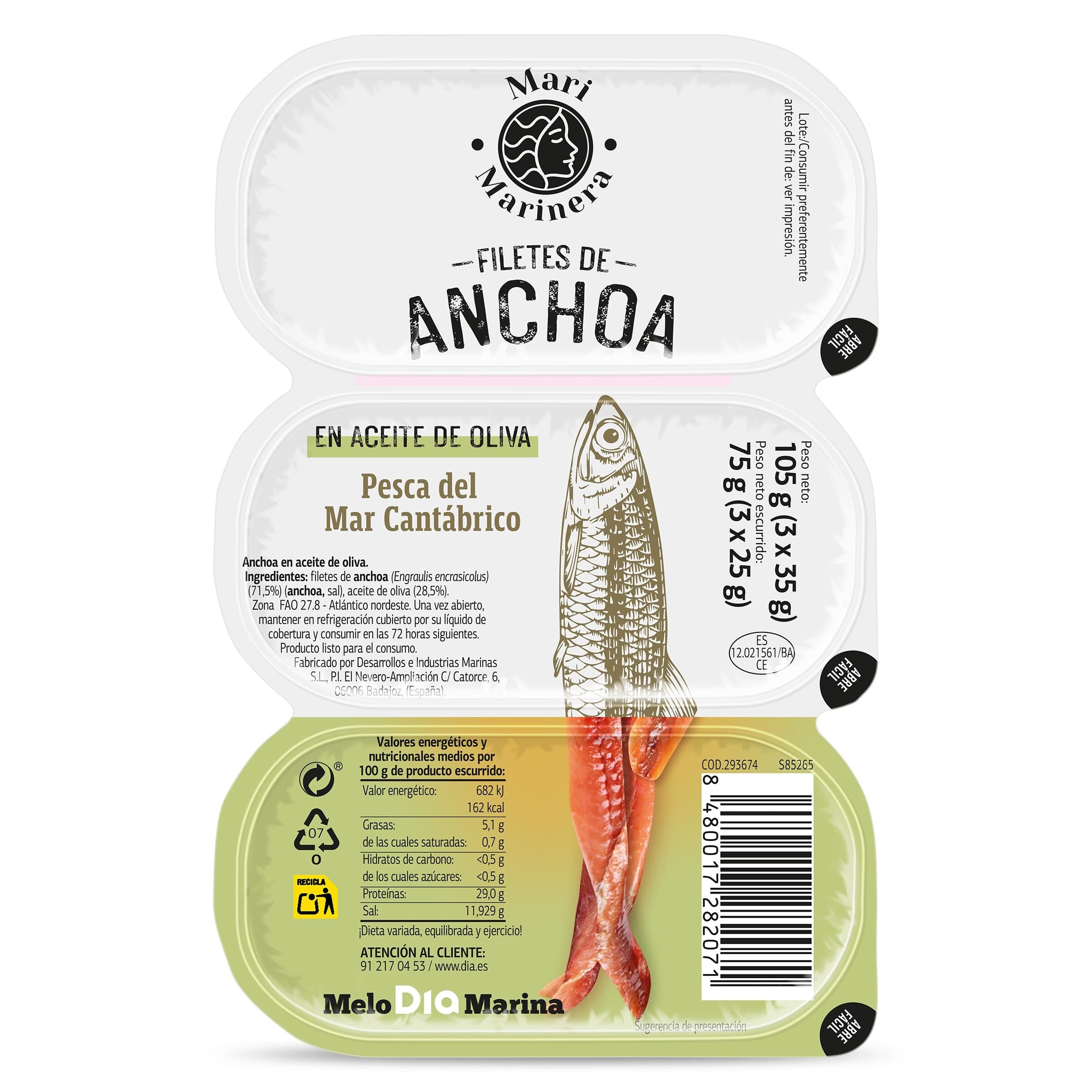 Filetes de anchoa en aceite de oliva Dia Mari Marinera pack 3 x 25 g