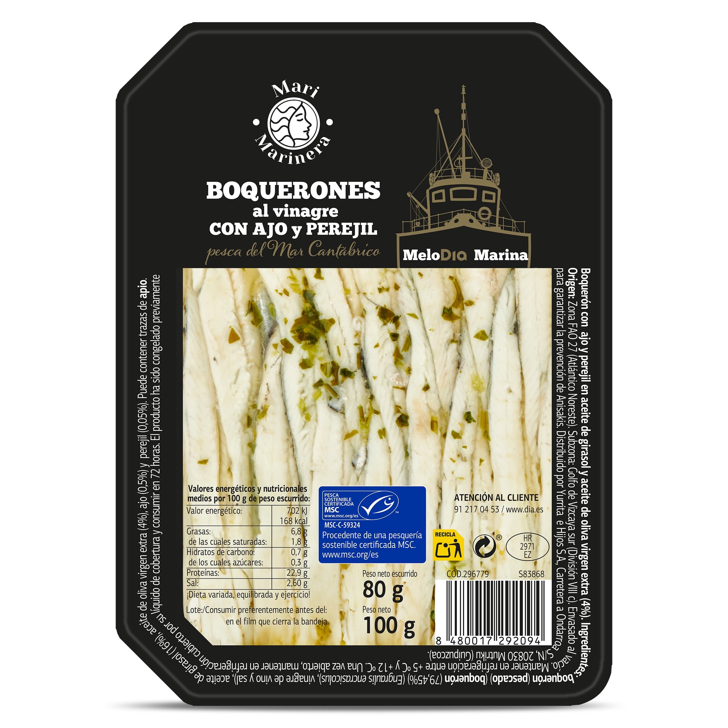 Boquerones en vinagre con ajo y perejil MSC Dia Mari Marinera bandeja 80 g