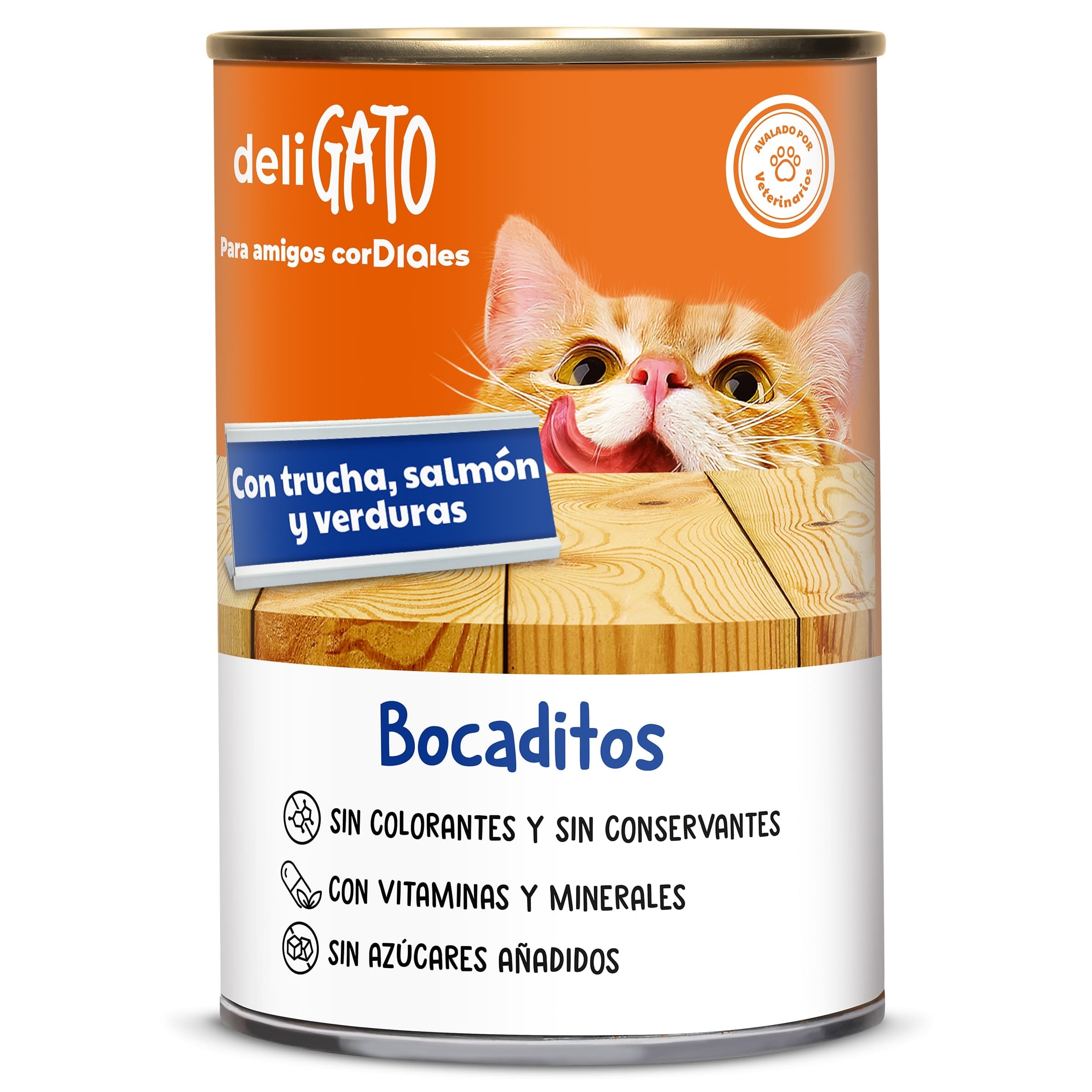 Alimento para gatos bocaditos con trucha, salmón y verduras Deligato de Dia lata 400 g