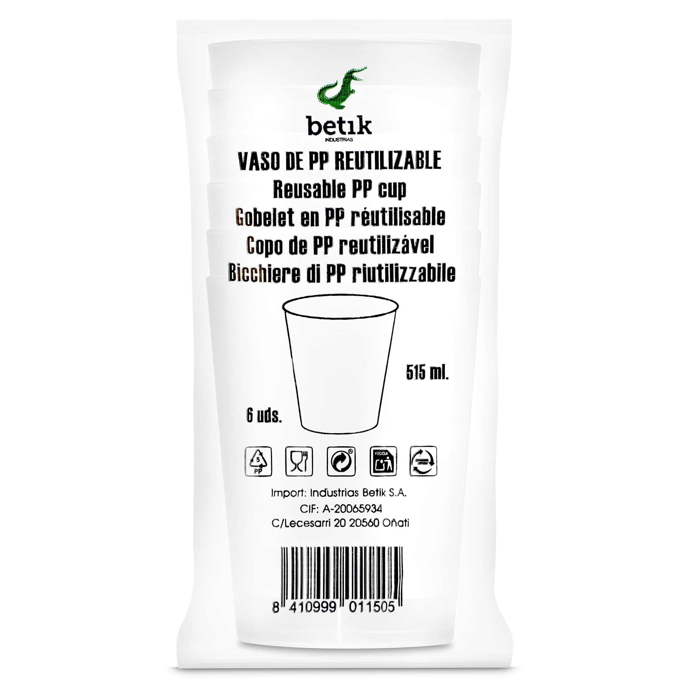 Vaso reutilizable de 515 ml Betik 6 unidades