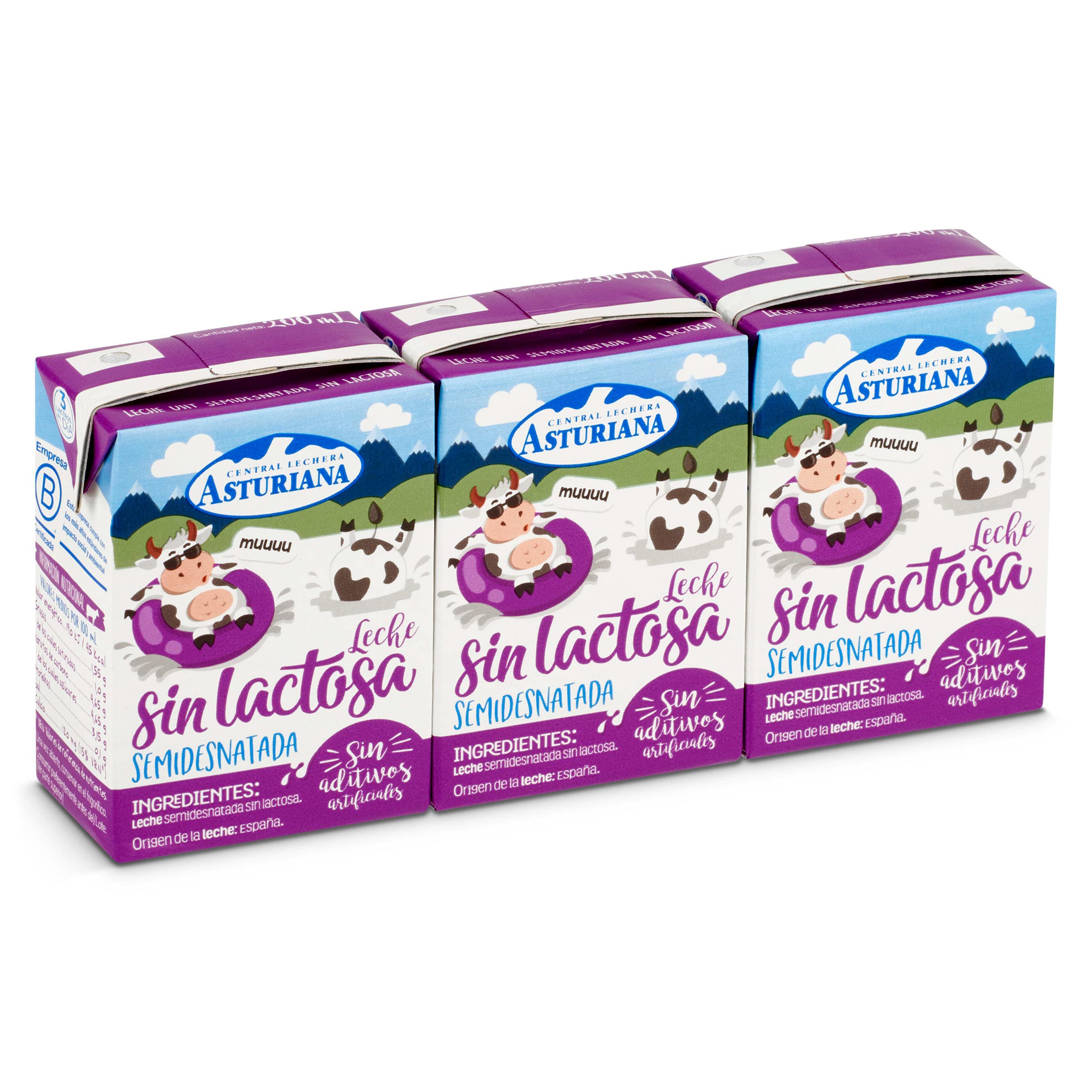 Leche semidesnatada sin lactosa Central Lechera Asturiana 3 x 200 ml