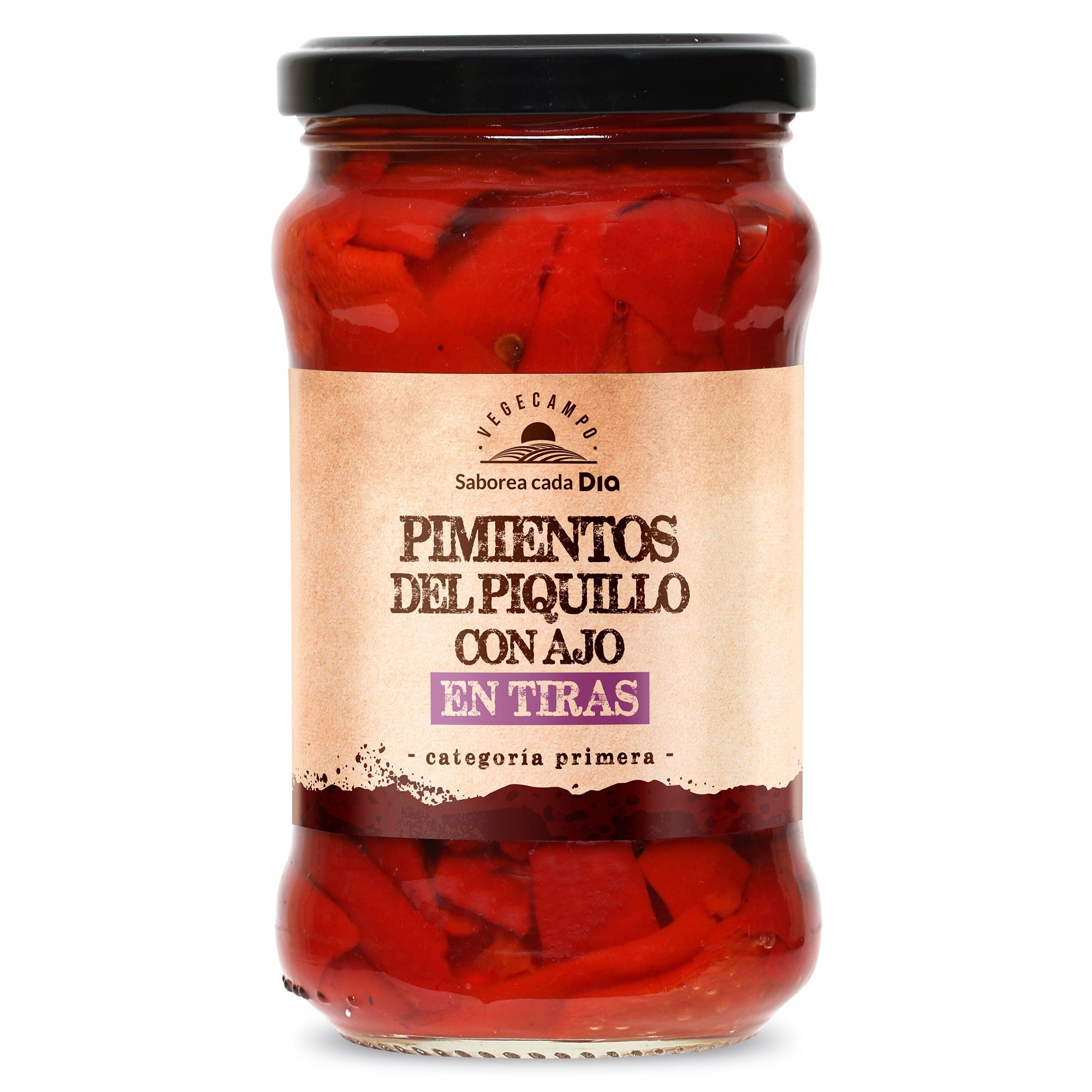 Pimientos del piquillo en tiras con ajo Dia Vegecampo frasco 225 g