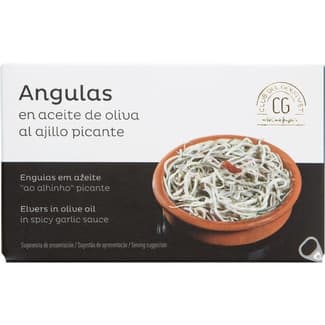 Angulas en aceite de oliva al ajillo picante lata 50 g neto escurrido - Club Del Gourmet