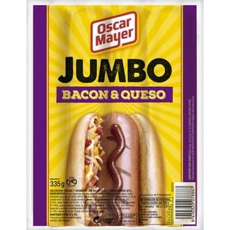 Jumbo salchichas cocidas y ahumadas de cerdo y pollo con bacon y queso sin gluten 4 piezas envase 350 g - Oscar Mayer