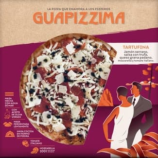 Pizza tartufina jamón serrano, salsa con trufa, queso grana padano, mozzarella y queso italiano de fermentación lenta envase 400 g - Guapizzima