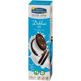 Dobloni Dark galletas de chocolate negro rellenas de crema de vainilla sin gluten paquete 120 g - Piaceri Mediterranei