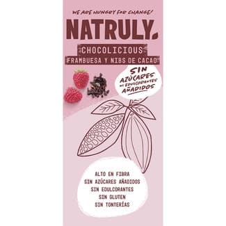 Chocodelicius chocolate con frambuesa y nibs de cacao sin gluten y sin azúcares añadidos unidad 85 g - Natruly