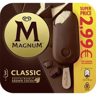 Classic bombón helado de chocolate con leche y vainilla sin gluten 3 unidades estuche 300 ml - Magnum