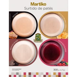 Surtido de patés pato + pato con cebolla caramelizada + pato con trufa + salsa de frutos del bosque pack 4 x 75 g envase 300 g sin gluten - Martiko