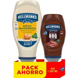 Mayonesa bocabajo sin gluten sin lactosa envase 430 ml + salsa barbacoa 250 ml - Hellmann's