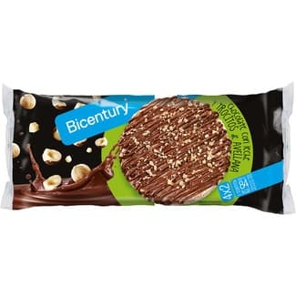 Tortitas de arroz con chocolate con leche y trocitos de avellana packs 4x2 unidades envase 141,6 g - Bicentury