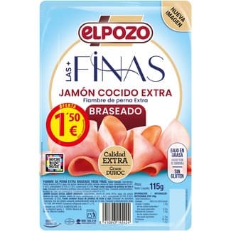 Jamón cocido extra braseado bajo en grasa en lonchas finas sin gluten sin lactosa envase 115 g - Elpozo