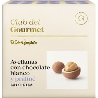 Avellanas con chocolate blanco y praliné caramelizadas estuche 80 g - Club Del Gourmet