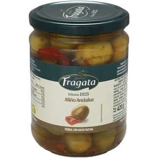 Aceitunas verdes con hueso aliño andaluz verdial partida frasco 250 g neto escurrido - Fragata