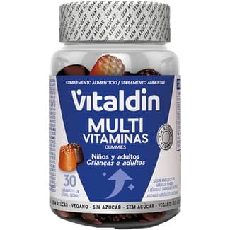Gominolas multivitaminas sabor a melocotón, naranja y mora sin azúcar bote 30 unidades niños y adultos - Vitaldin