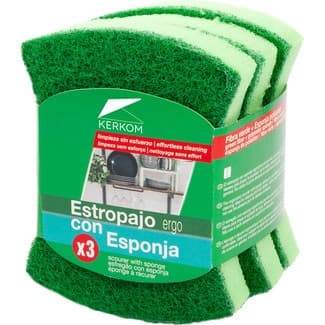 Estropajo con esponja fibra verde ergo paquete 3 unidades - Rozenbal