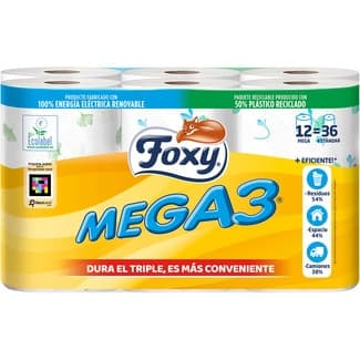 Mega 3 papel higiénico triple rollo decorado 2 capas paquete 12 rollos - Foxy