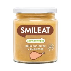 SMILEAT Tarrito de pollo con arroz y guisantes 100% ecológico, a partir de 6 meses 230 g.