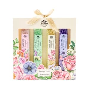 BECASAN NATURE Estuche con 4 x 135 g tubos de sales de baño (rosa, peonia, lavanda y vainilla).