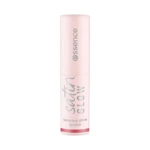 ESSENCE Satin glow tono 03 Rose and shine Barra de labios cremosa, acabado luminoso.