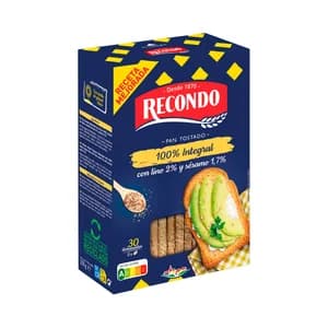 RECONDO Integral Pan tostado 100% integral, con un 2% de lino y 1.7% de sesamo, 30 rebanadas, 270 g.