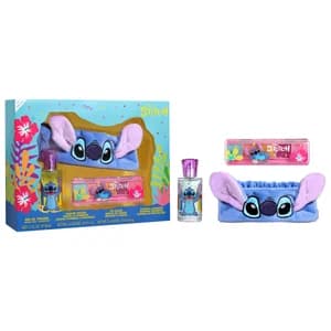 DISNEY Stitch Estuche con colonia paleta sombras de ojos, brillo de labios y banda para el pelo.