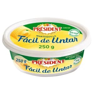 PRÉSIDENT Tarrina de mantequilla con sal, sin aditivos y fácil untar PRESIDENT 250 g.