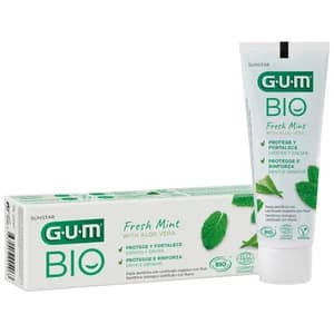 GUM Bio Pasta de dientes con flúor y aloe vera, con sabor a menta fresca 75 ml.
