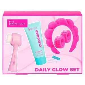 IDC INSTITUTE Estuche con limpiador facial (75 ml) + cepillo limpiador electrónico + diadema + 2 coleteros.
