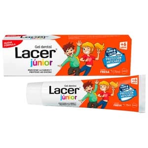 LACER Junior Gel dental con flúor + calcio, sabor a fresa para niños a partir de 6 años 75 ml.