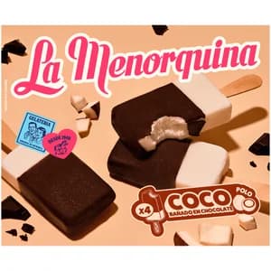 LA MENORQUINA Helado polo de coco bañado en chocolate 4 x 100 ml.