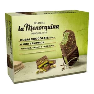 LA MENORQUINA Mini sandwich de nata con chocolate estilo dubai, katafi y pistacho 6 x 85 ml.