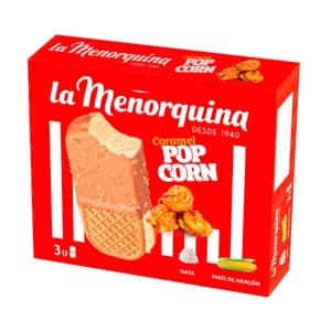 LA MENORQUINA Sandwich de helado de nata con palomitas de maiz con caramelo 3 x 160 ml.