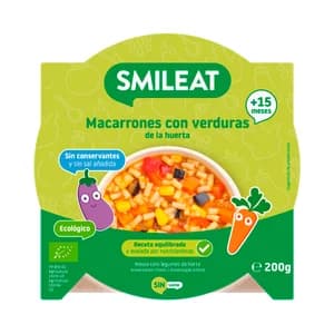 SMILEAT Macarrones con verduras de la huerta ecológicas, a partir de 15 meses 200 g.