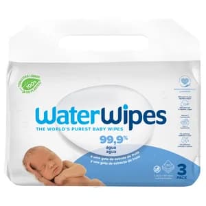 WATERWIPES Toallitas humedas para bebe con un 99.9% de agua y una gota de extracto de fruta 3 x 60 uds.