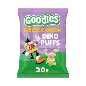 GOODIES Snacks horneados con forma de dinusario, sabor queso y cebolla, a partir de 3 años 30 g.