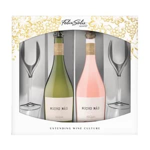 MUCHO MÁS Estuche con botella de vino blanco espumoso (75 cl) y vino rosado espumoso (75 cl)..
