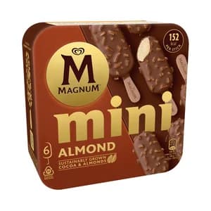 MAGNUM de Frigo Mini bombón helado de vainilla recubierto de chocolate con leche y almendras 6 x 60 ml.