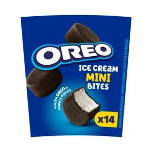 OREO Mini bites Mini helados de vainilla recubiertos de chocolate con trocitos de galleta 14 x 7.5 ml.