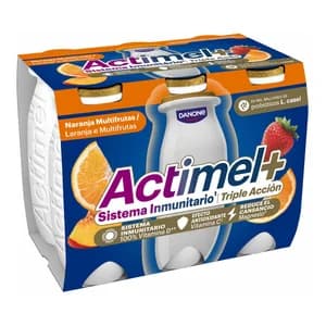 ACTIMEL + de Danone Leche fermentada con Lcasei y sabor a melocotón, fresa, naranja y albaricoque 6 x 100 g.